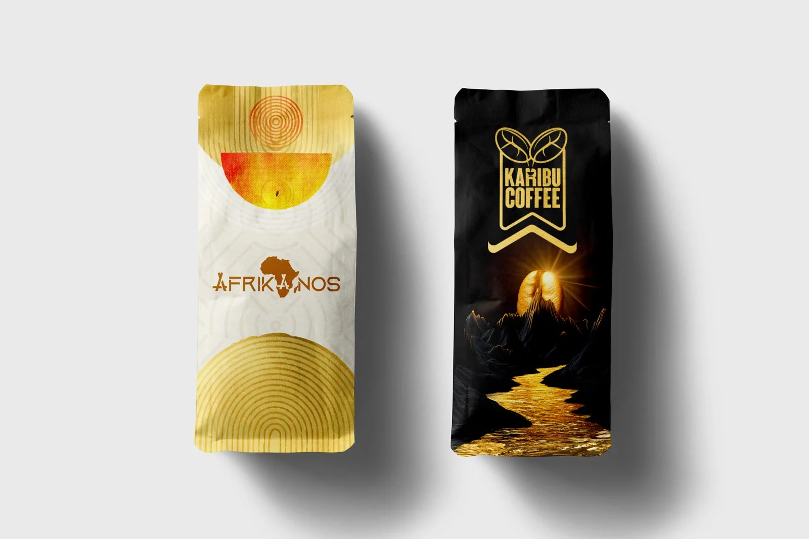 Afrikanos bag with the Africa wordmark beside a Karibu Coffee bag