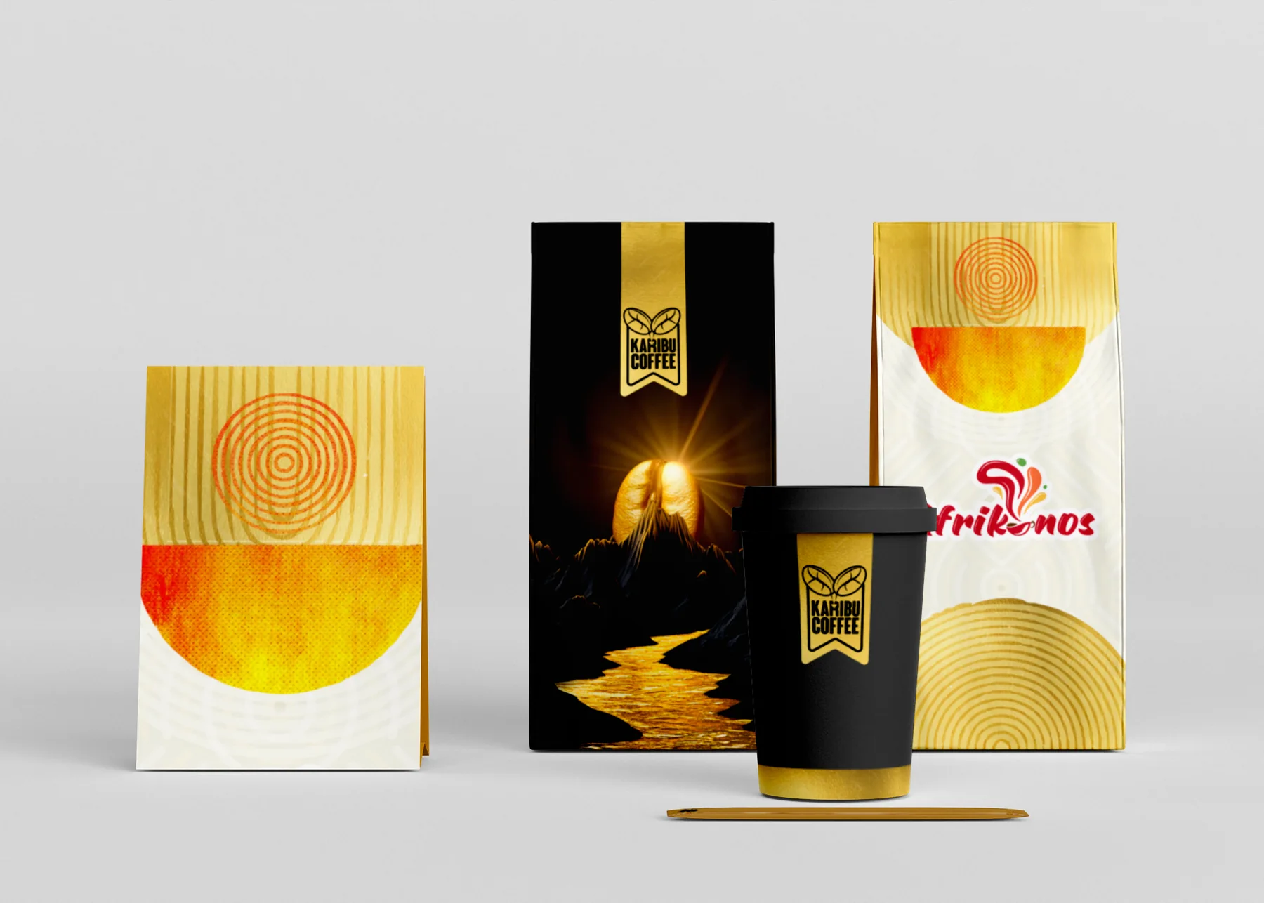 The Kush range: Afrikanos table card, Karibu Coffee box and cup, Afrikanos bag