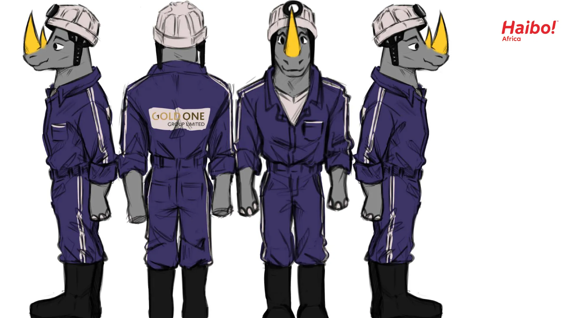 Gold One rhino mascot in PPE, front, back and side views
