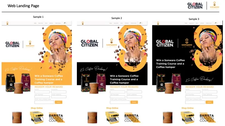Three landing page designs for the campaign