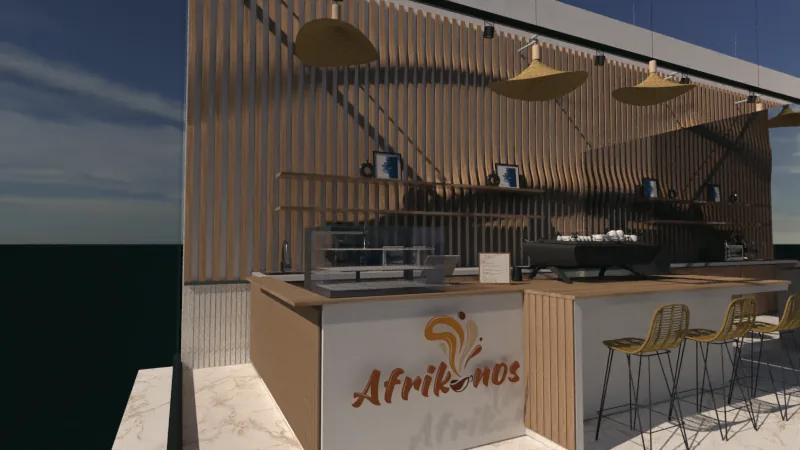 The Afrikanos café concept: counter and logo wall