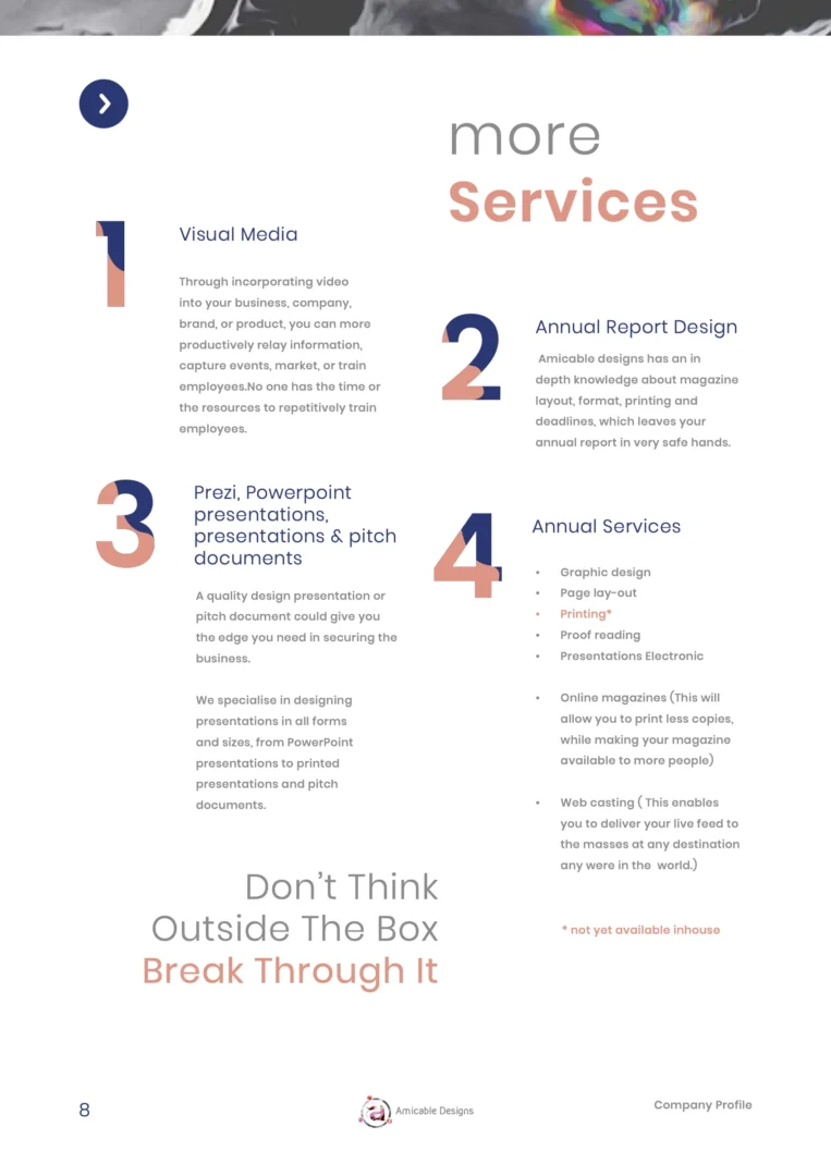 More services: visual media, annual reports, presentations