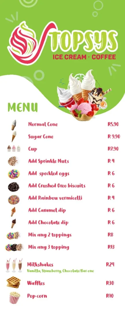 Topsys ice cream & coffee menu