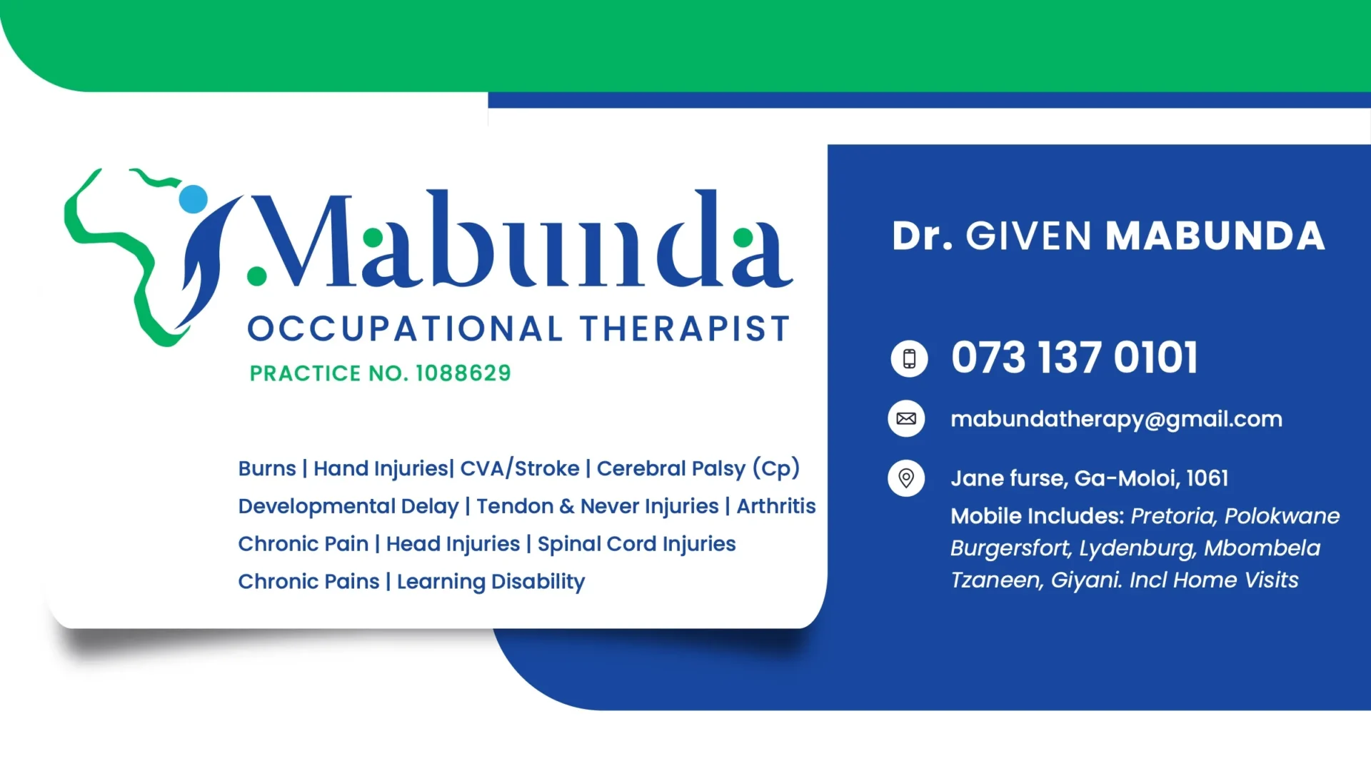 Mabunda Occupational Therapist business card