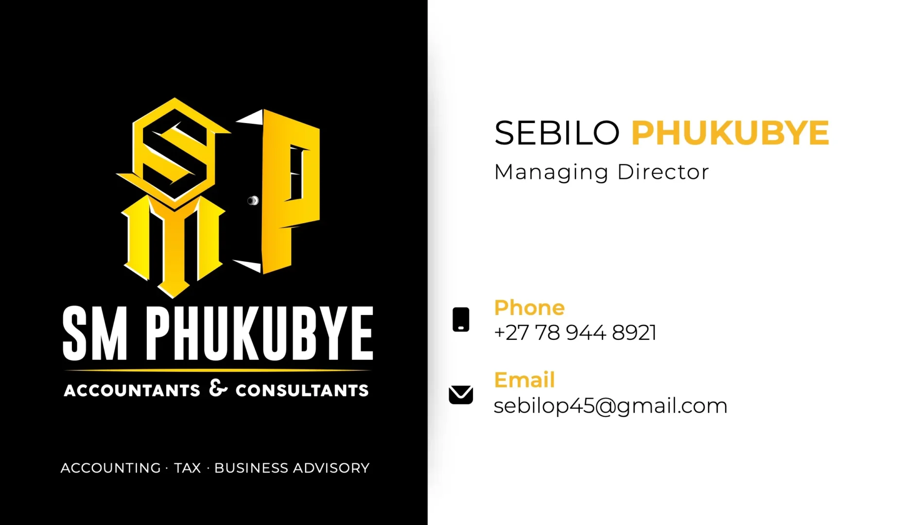 SM Phukubye business card, front