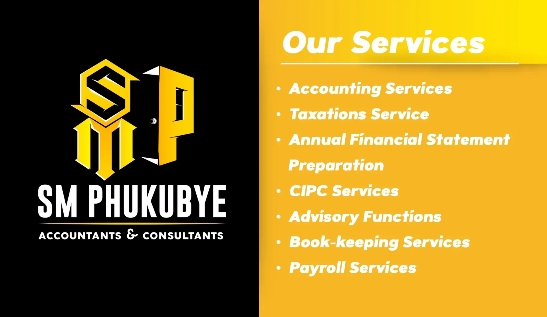 SM Phukubye business card, services