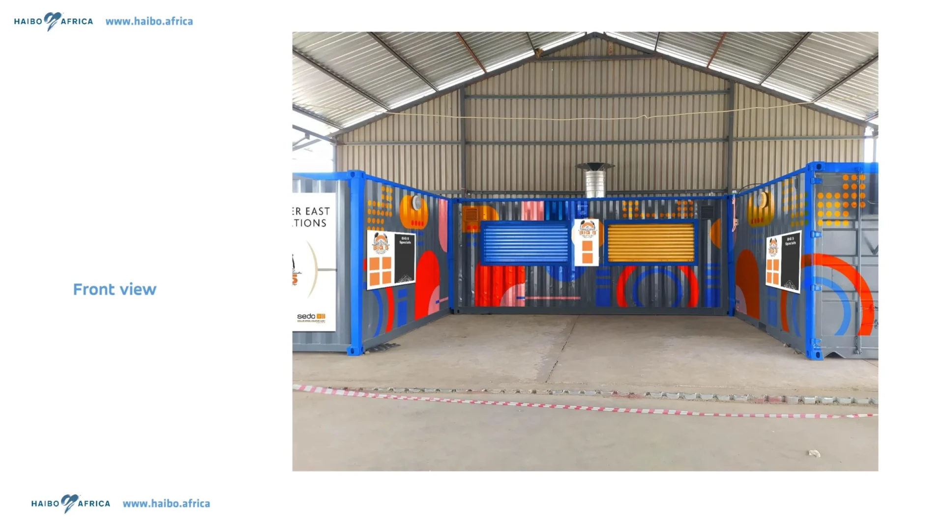 Mural mocked up on the containers, front