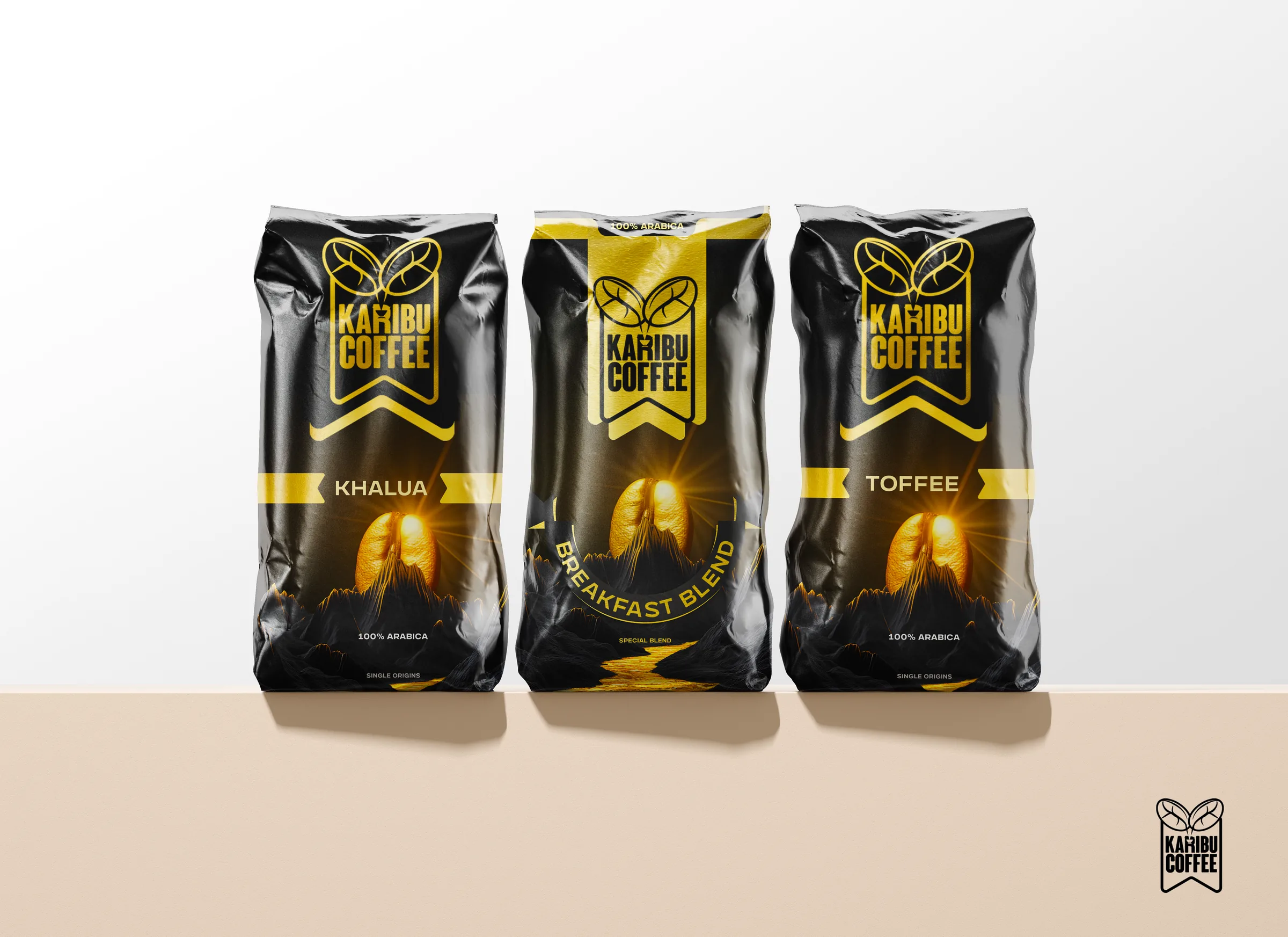 The Karibu Coffee bag range in black and gold