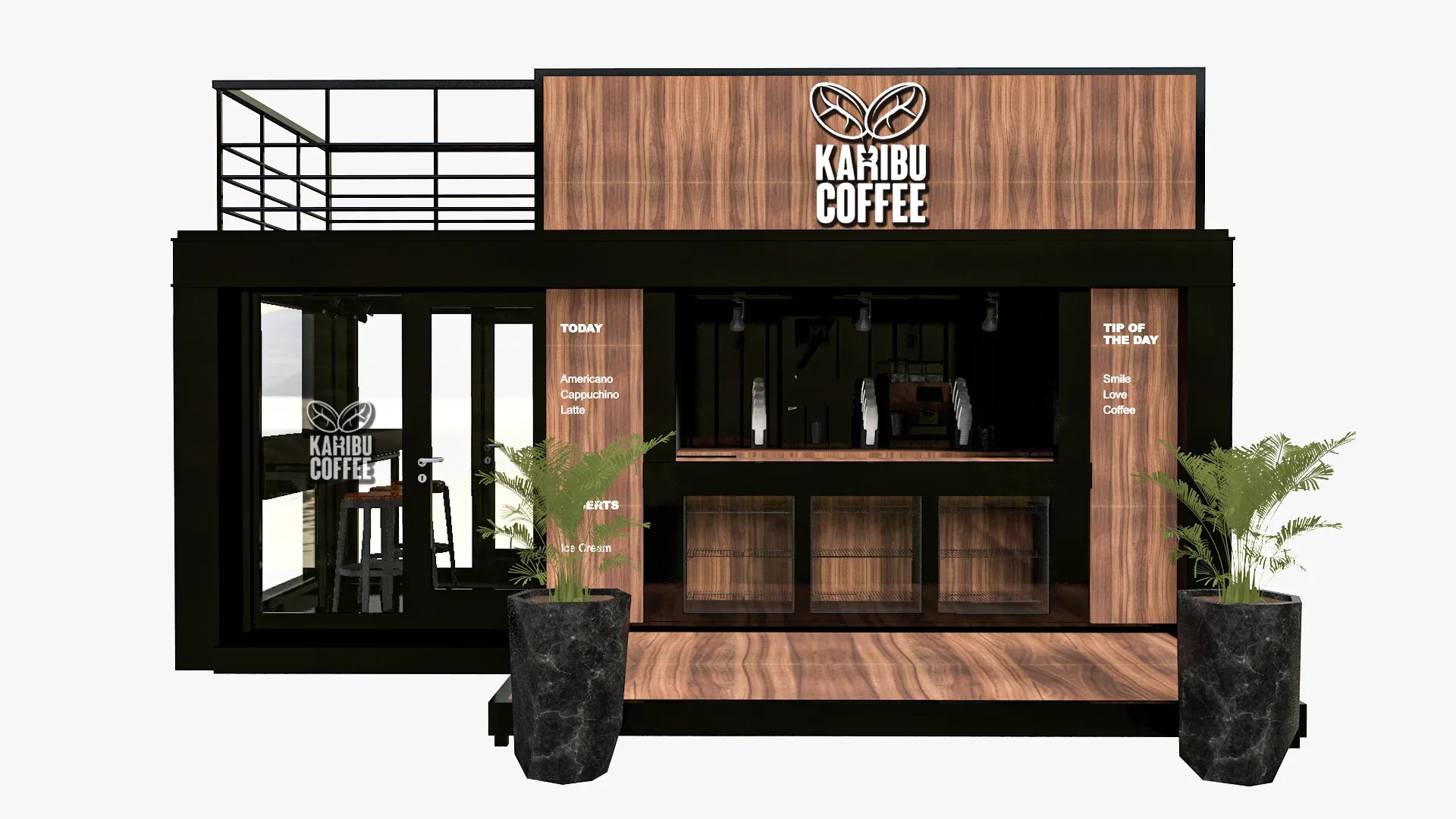 The Karibu Coffee container café, front
